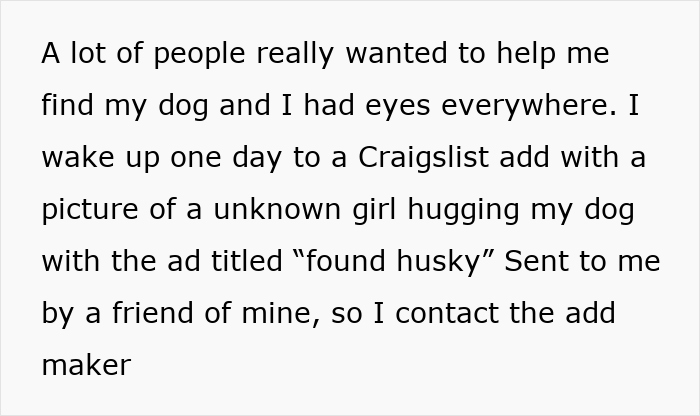 Text describing a Craigslist ad showing a girl hugging a husky, highlighting the dog owner's search and revenge. - 7