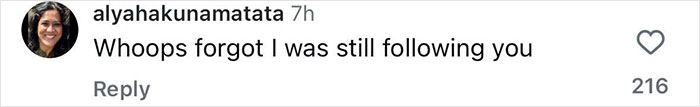 A social media comment displaying a sarcastic message from user alyahakunamatata, seen 7 hours ago with 216 likes.