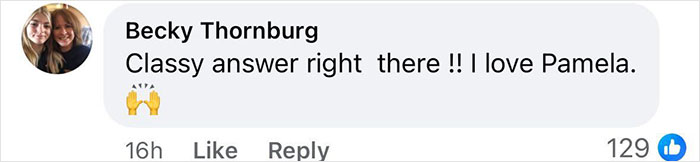 Comment from Becky Thornburg praising Pamela Anderson in response to fans accusing Meghan Markle of ripping off her cooking show. - 23