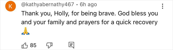 Screenshot of a social media comment thanking Holly for bravery and praying for her recovery after brutal beating by Cincinnati mob. Screenshot of a social media comment thanking Holly for bravery and praying for her recovery after brutal beating by Cincinnati mob.