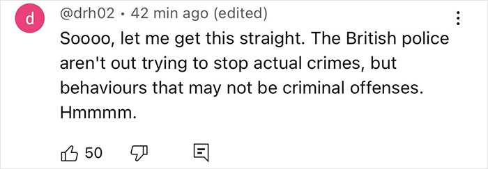 Comment discussing British police using running clothes to elicit catcalls and arrest men who hit on them, sparking debate.