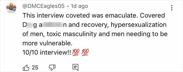 Tweet praising an interview discussing toxic masculinity, vulnerability, and scrutiny of Pete Davidson's manhood size.