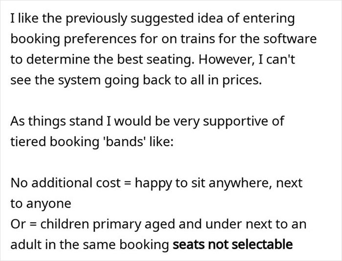 Text about booking preferences for trains, discussing seating options and tiered booking bands with children nearby.