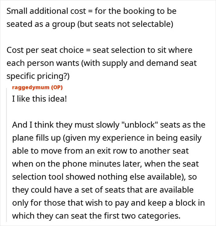 Screenshot of an online forum discussing seat selection costs and group seating options on a flight with kids involved.