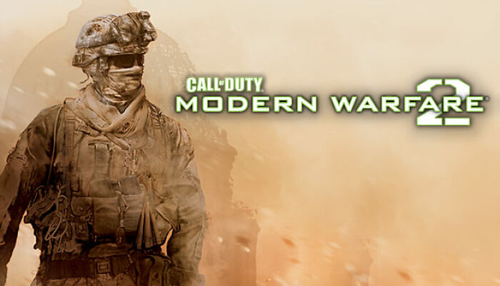 Soldier in tactical gear with smoky background featuring Call of Duty Modern Warfare 2 logo, highlighting shopping and addictive behaviors.