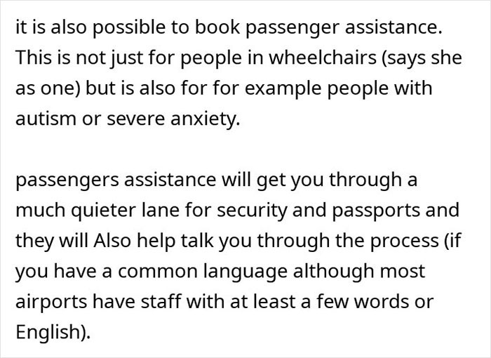Text explaining passenger assistance options for travelers with disabilities, autism, or severe anxiety during flights.