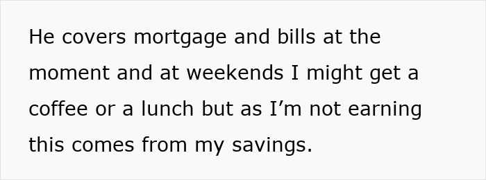 Text excerpt about a woman on a 12-month hiatus from work relying on husband&rsquo;s &pound;150 weekly support for bills.
