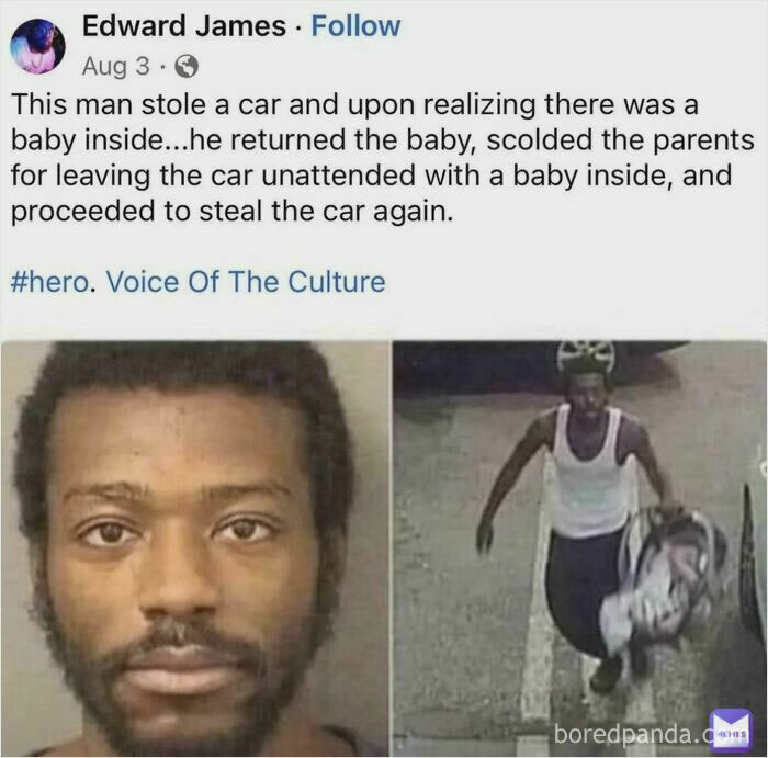 Man returns baby left in stolen car, scolds parents, then steals car again in morally grey chaotic good act story.
