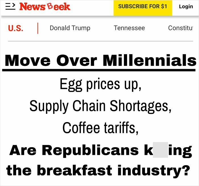Headline from NewsBeek discussing supply chain shortages, egg prices, and coffee tariffs impacting the breakfast industry.