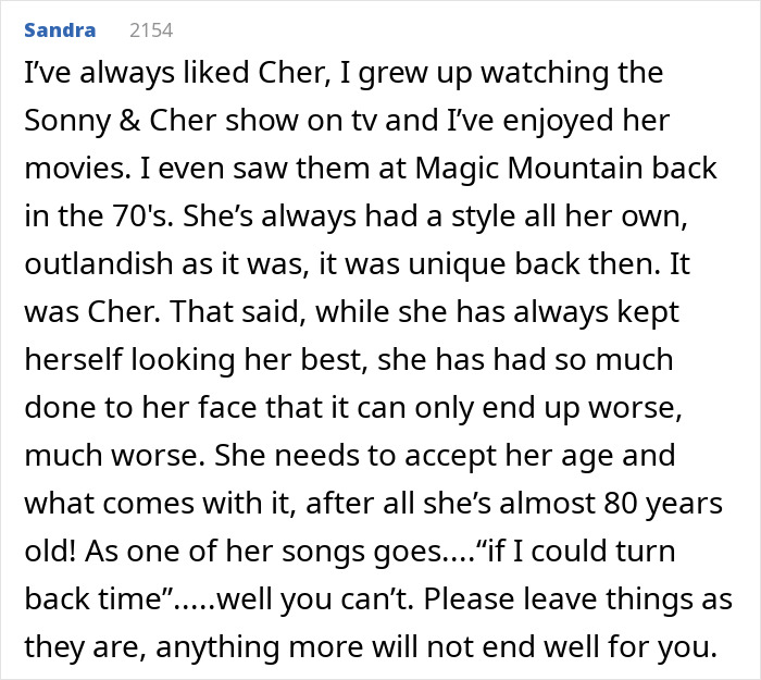 Online comment discussing Cher&rsquo;s melting appearance and concern over her plastic surgery indulgence.