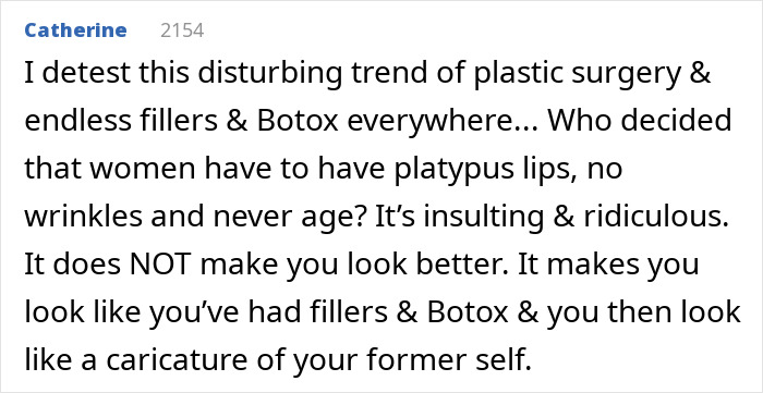 User comment criticizing plastic surgery trends, fillers, and Botox, expressing concern over unnatural appearances.