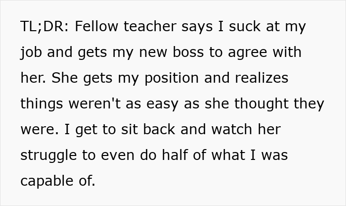 Text excerpt about a woman enjoying the comeuppance of a colleague who stole her job and made her life hell. Text excerpt about a woman enjoying the comeuppance of a colleague who stole her job and made her life hell.
