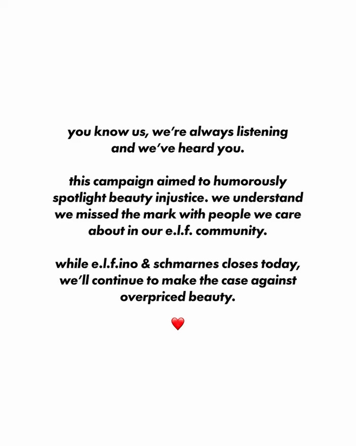 Statement text on a white background addressing a beauty campaign backlash, relevant to Birds Of A Feather canceled comedian Matt Rife support.