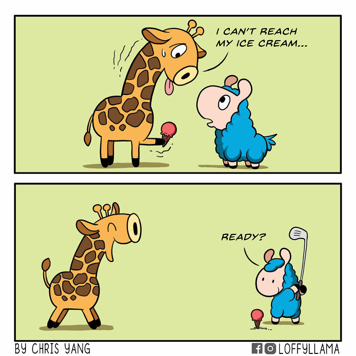 Wholesome comic featuring a giraffe and llama sharing an ice cream cone in two sweet panels.