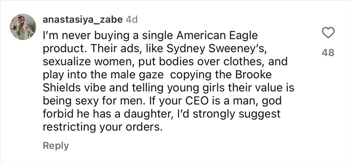 Comment criticizing American Eagle ads for sexualizing women, discussing Gap's jeans ad response in the fashion debate.
