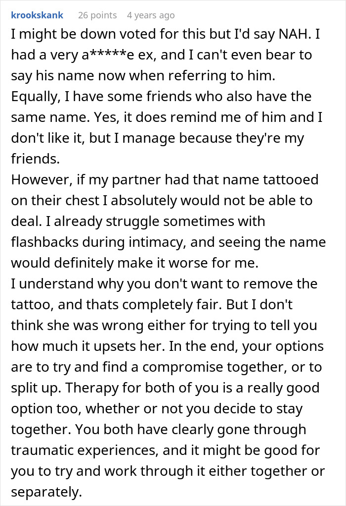 Text screenshot of an online comment discussing a guy refusing to remove tattoo of his late son&rsquo;s name and its impact on his girlfriend.