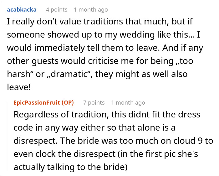 Comments discussing groom's brother's girlfriend wearing a sage green dress at a wedding and being trolled for resembling a white wedding dress.