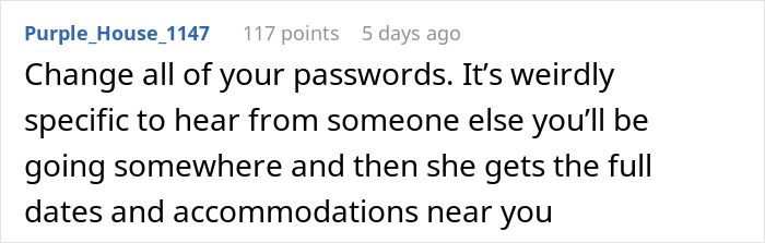 Screenshot of a social media comment discussing stalker MIL behavior and plans to outsmart her during a couple&rsquo;s vacation.