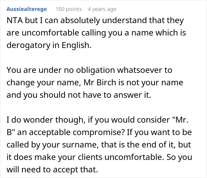Screenshot of a Reddit comment discussing a man refusing to change his surname for American coworkers due to discomfort. - 26