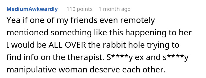 Screenshot of a forum comment discussing a couple's therapist ruining a lady's mental health and marrying the man.