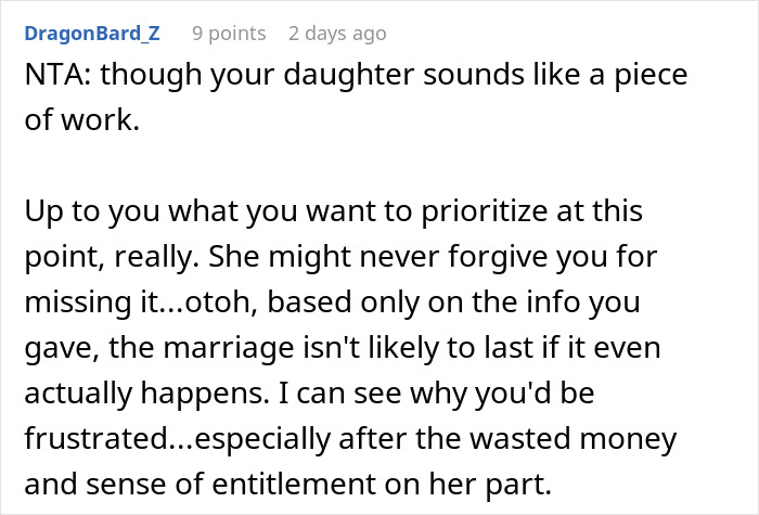 Screenshot of an online comment discussing a man spending $22,500 on daughter's failed wedding and skipping his own event.