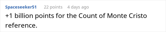 Comment praising a Count of Monte Cristo reference in an online discussion, highlighting enthusiasm and agreement.