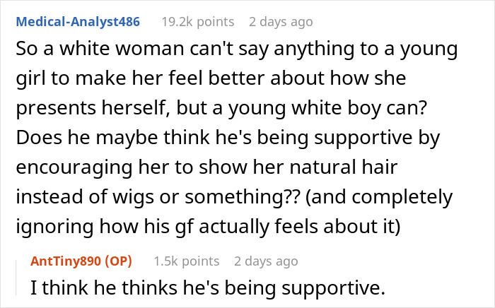 Reddit discussion about 14YO boy's reaction to mom suggesting his Black girlfriend dress more comfortably.