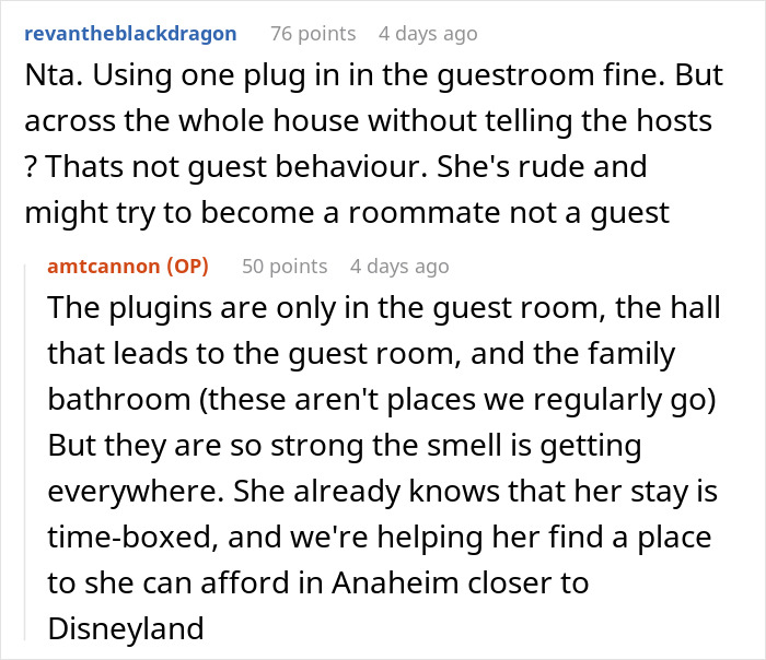 Reddit users discuss a family hosting a divorcing friend who floods the home with strong and nasty scents.