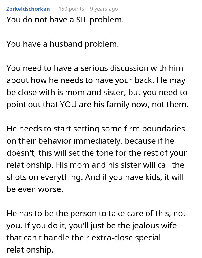 Text advice on handling SIL problems by setting boundaries and addressing issues between brother and wife to protect the relationship.