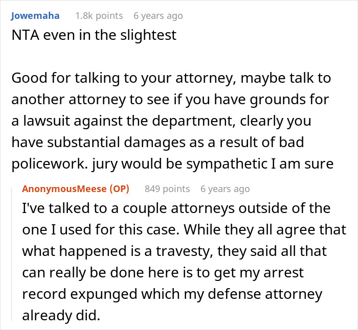 Reddit thread discussing man wrongfully jailed for 54 days seeking legal advice about police misconduct and lawsuit options.