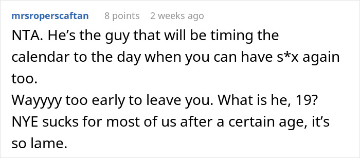Comment discussing a man asking wife&rsquo;s permission to travel alone after her scheduled C-section, calling it audacious.