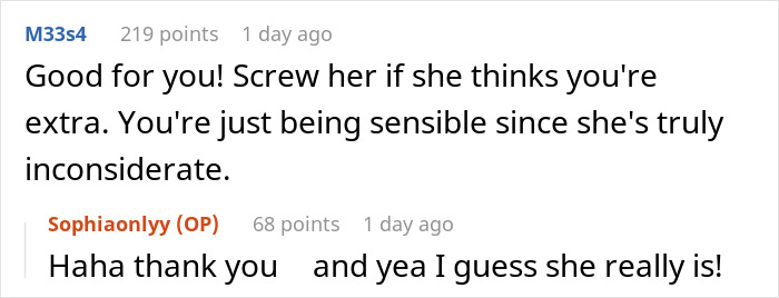 Screenshot of a Reddit conversation about leftover pasta theft leading a woman to buy a mini fridge, with comments on being considerate.