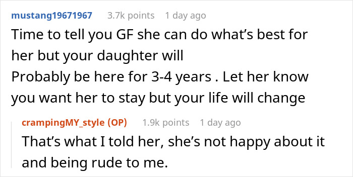 Screenshot of online discussion about GF laying down ultimatum after caring dad lets pregnant daughter move back home.
