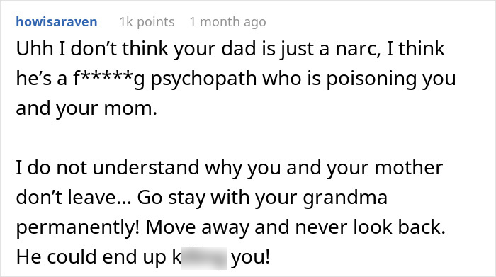 Screenshot of a comment discussing a man getting sick after eating food his dad has touched and suspecting intentional harm.