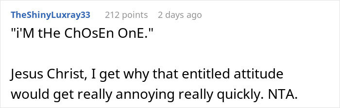 Screenshot of a Reddit comment discussing an adopted sister’s longstanding chosen one joke backfiring after brother’s response. Screenshot of a Reddit comment discussing an adopted sister’s longstanding chosen one joke backfiring after brother’s response.