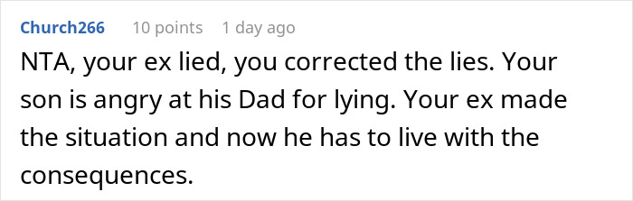 Screenshot of a Reddit comment discussing a dad lying about divorce reasons to win over his son.