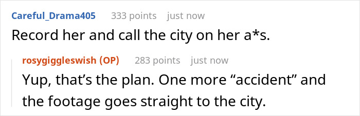 Online comments showing a homeowner&rsquo;s plan to confront entitled neighbor over fence dispute about her view.