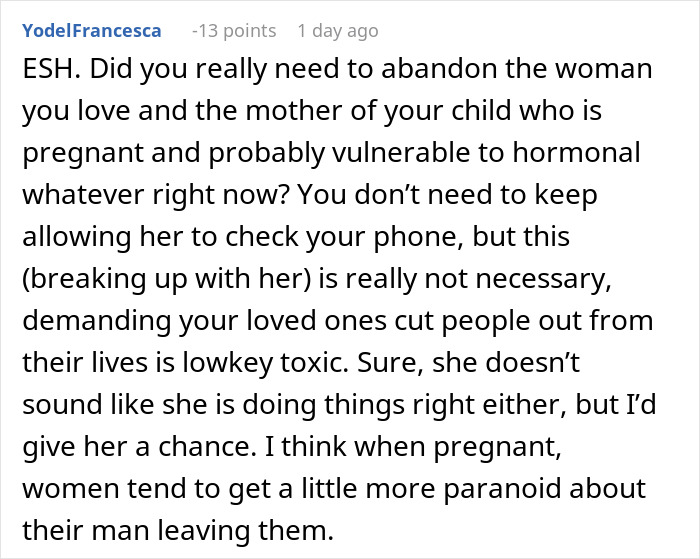 Comment discussing a man giving pregnant girlfriend an ultimatum after insecurities affect their relationship.