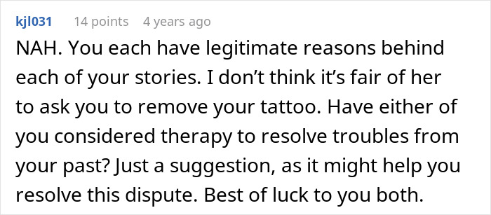Comment discussing a guy refusing to remove a tattoo of his late son&rsquo;s name and the girlfriend finding it a trigger.