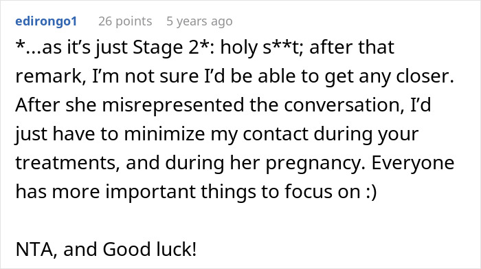 Commenter shares reaction to woman needing family support after devastating news, highlighting drama from sister-in-law's jealousy.