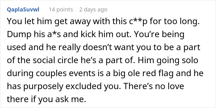 Comment discussing a woman finding out her boyfriend told friends she couldn&rsquo;t join couples trip without asking her.