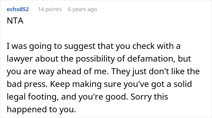 Screenshot of an online comment discussing legal advice related to a man wrongfully jailed and a website about a detective.