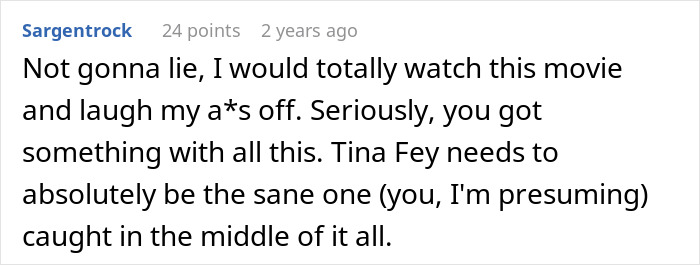 Screenshot of an online comment expressing enthusiasm for a movie about family treating a wedding as a convenient time to celebrate.