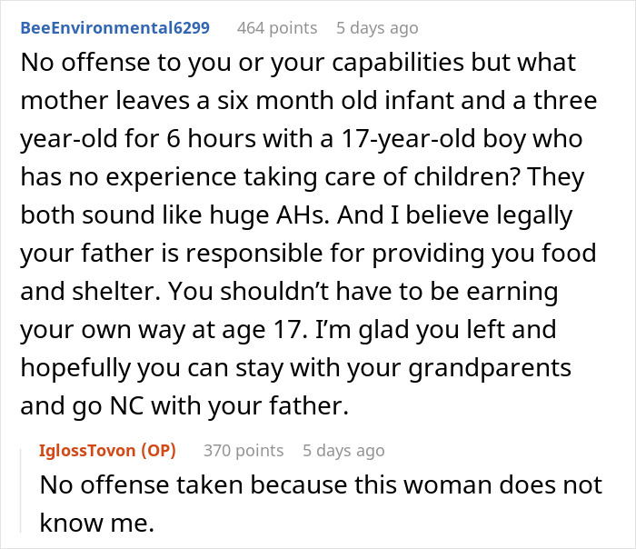 Reddit discussion about a teen escaping dad&rsquo;s babysitting trap and walking out after being asked to watch fianc&eacute;e&rsquo;s kids.