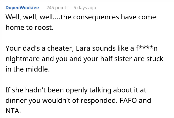 Comment discussing consequences and family conflict involving a woman's dad&rsquo;s affair baby and her grandparents' estrangement.