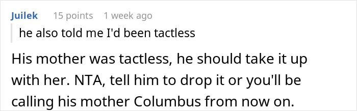 Commenter Juilek responding to a thread about a woman correcting mother-in-law over baby's name claim.