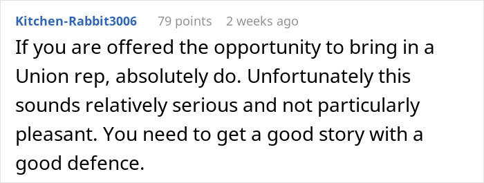 Comment advising to bring a Union rep for a serious worker disciplined ChatGPT slurs incident and prepare a good defense.