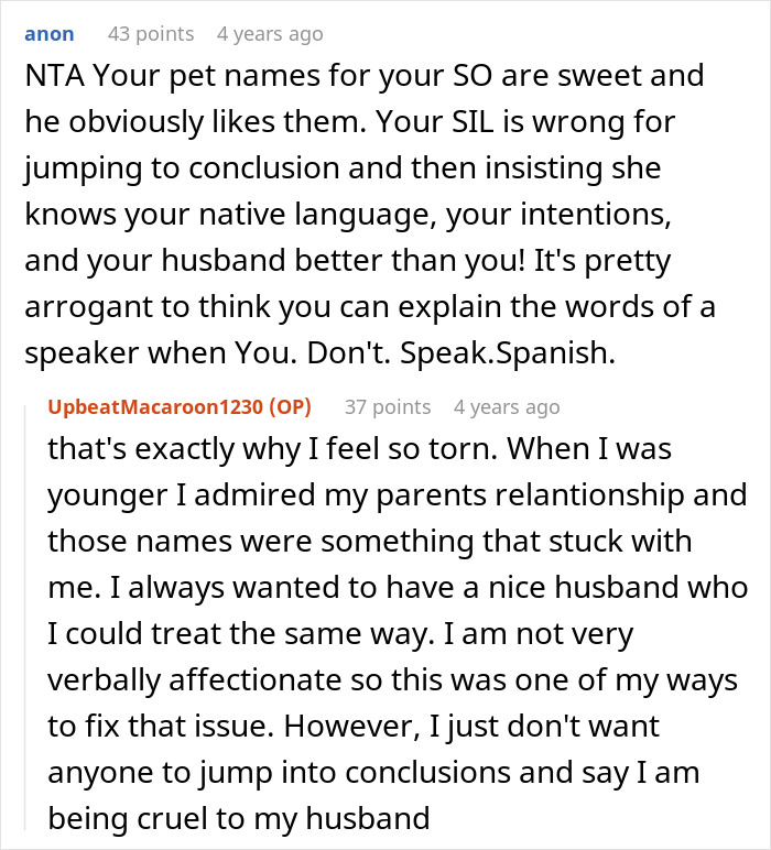 Screenshot of a Reddit discussion about a woman shocked by the cruel nicknames her brother's wife uses. Screenshot of a Reddit discussion about a woman shocked by the cruel nicknames her brother's wife uses.