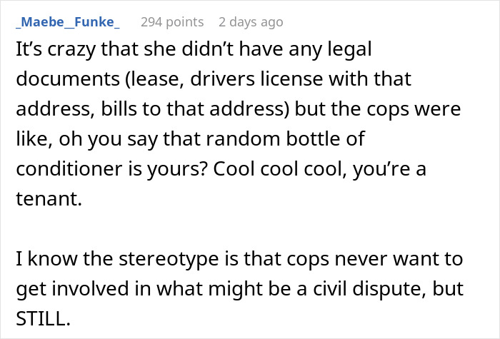 Screenshot of a Reddit comment discussing a friend breaking into a house and planting belongings to prove residency.