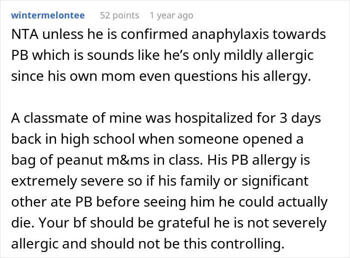 Comment discussing peanut butter allergy severity and boyfriend upset over peanut butter cake at work.